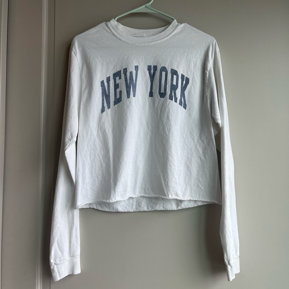 Brandy Melville White Long Sleeve "New York" Tee with Blue Print